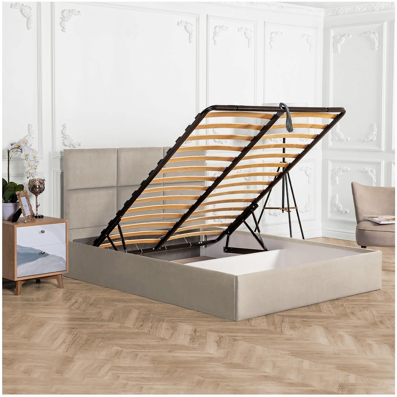 Кровать полутораспальная с подъемным механизмом и ящиком для белья 140х200 бежевая Токио - изображение 3