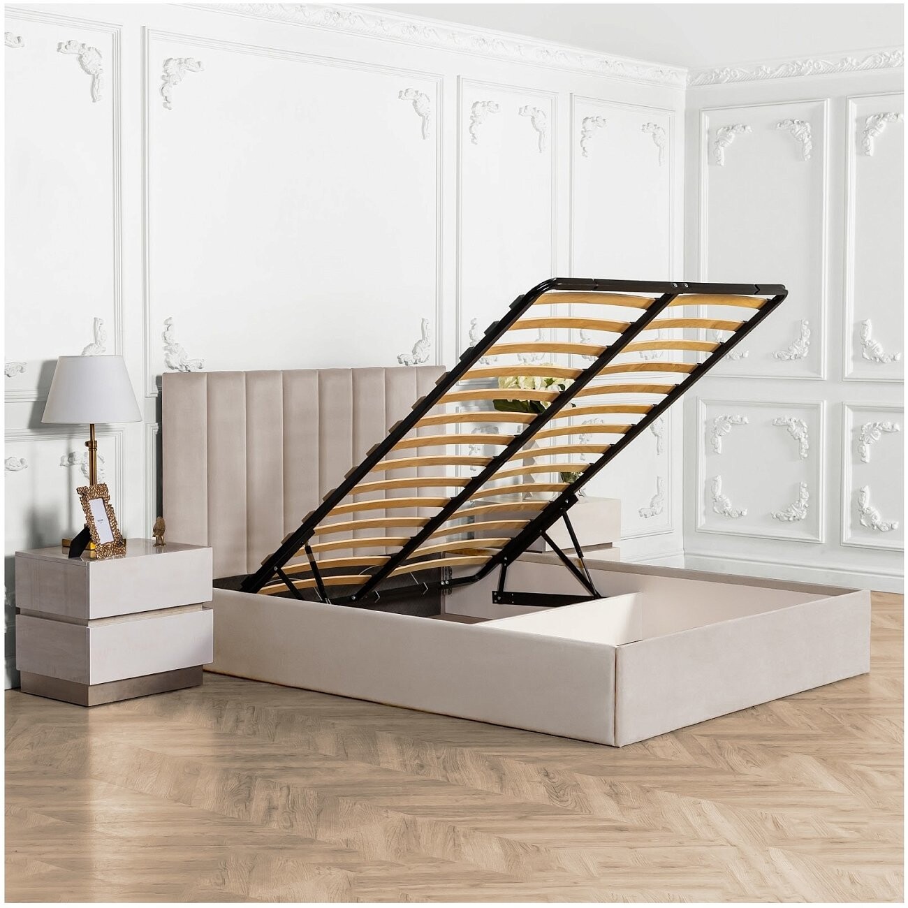 Кровать двуспальная с подъемным механизмом и ящиком для белья 180х200 кремовая Вега - изображение 3