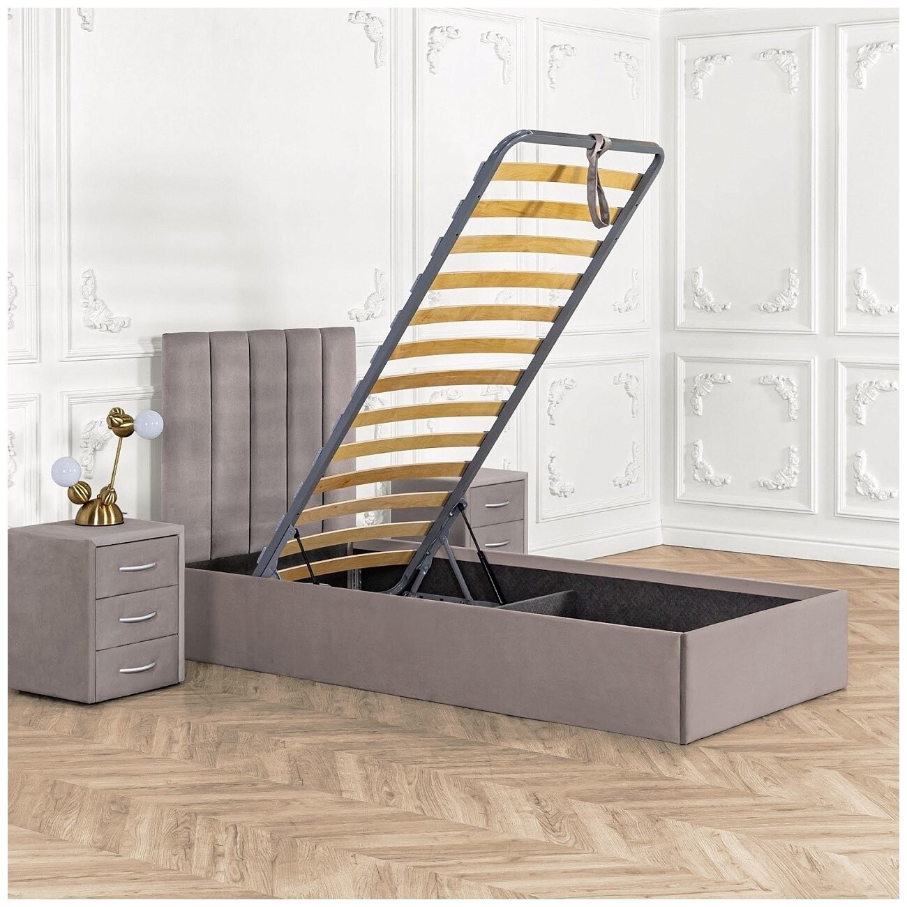 Кровать односпальная с подъемным механизмом и ящиком для белья 90х200 мокко Вега - изображение 3