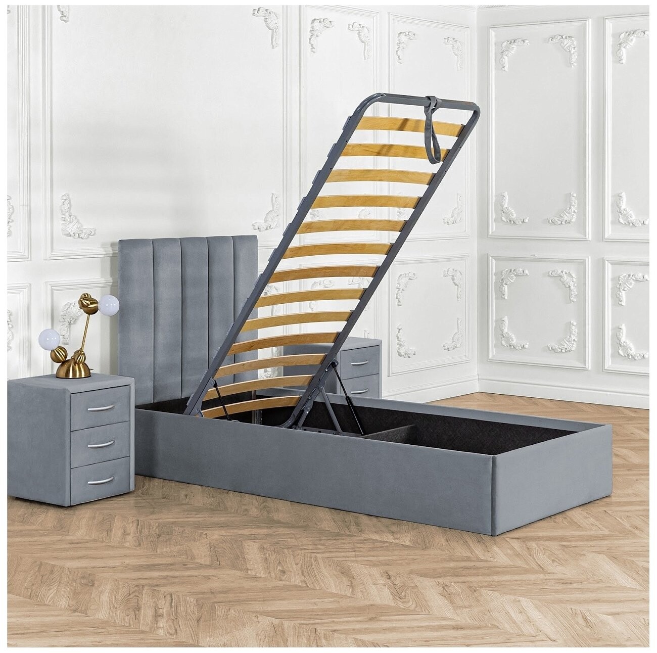 Кровать односпальная с подъемным механизмом и ящиком для белья 90х200 серо-голубая Вега - изображение 3