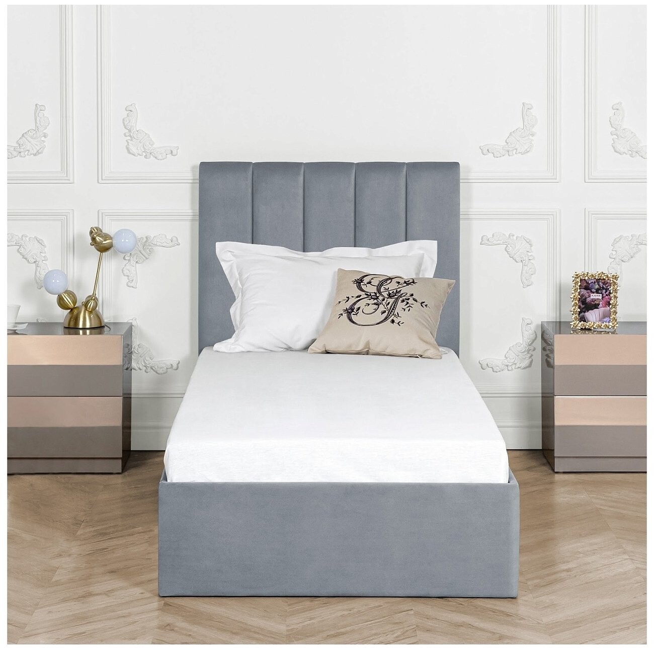 Кровать односпальная с подъемным механизмом и ящиком для белья 90х200 серо-голубая Вега - изображение 5