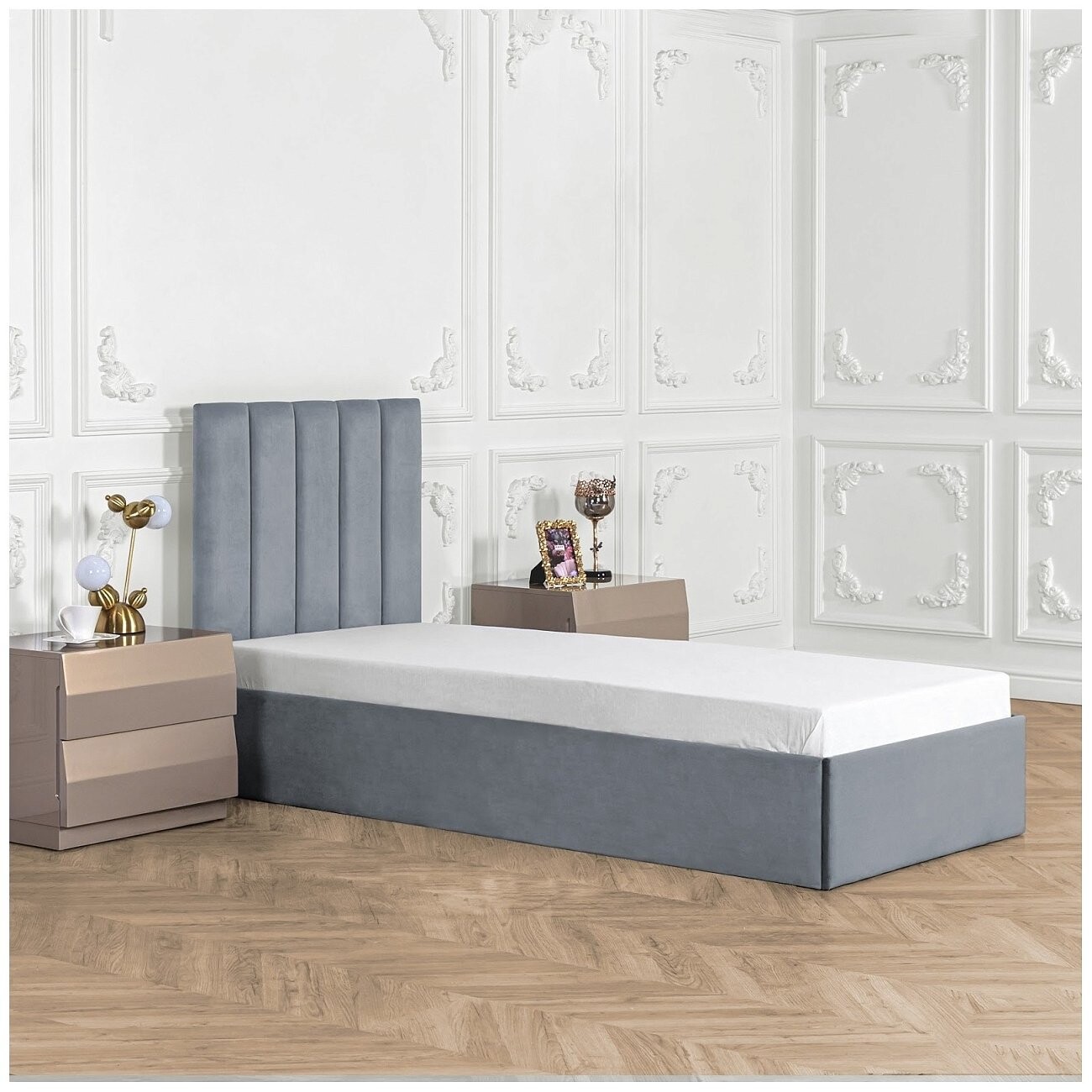 Кровать односпальная с подъемным механизмом и ящиком для белья 90х200 серо-голубая Вега - изображение 6