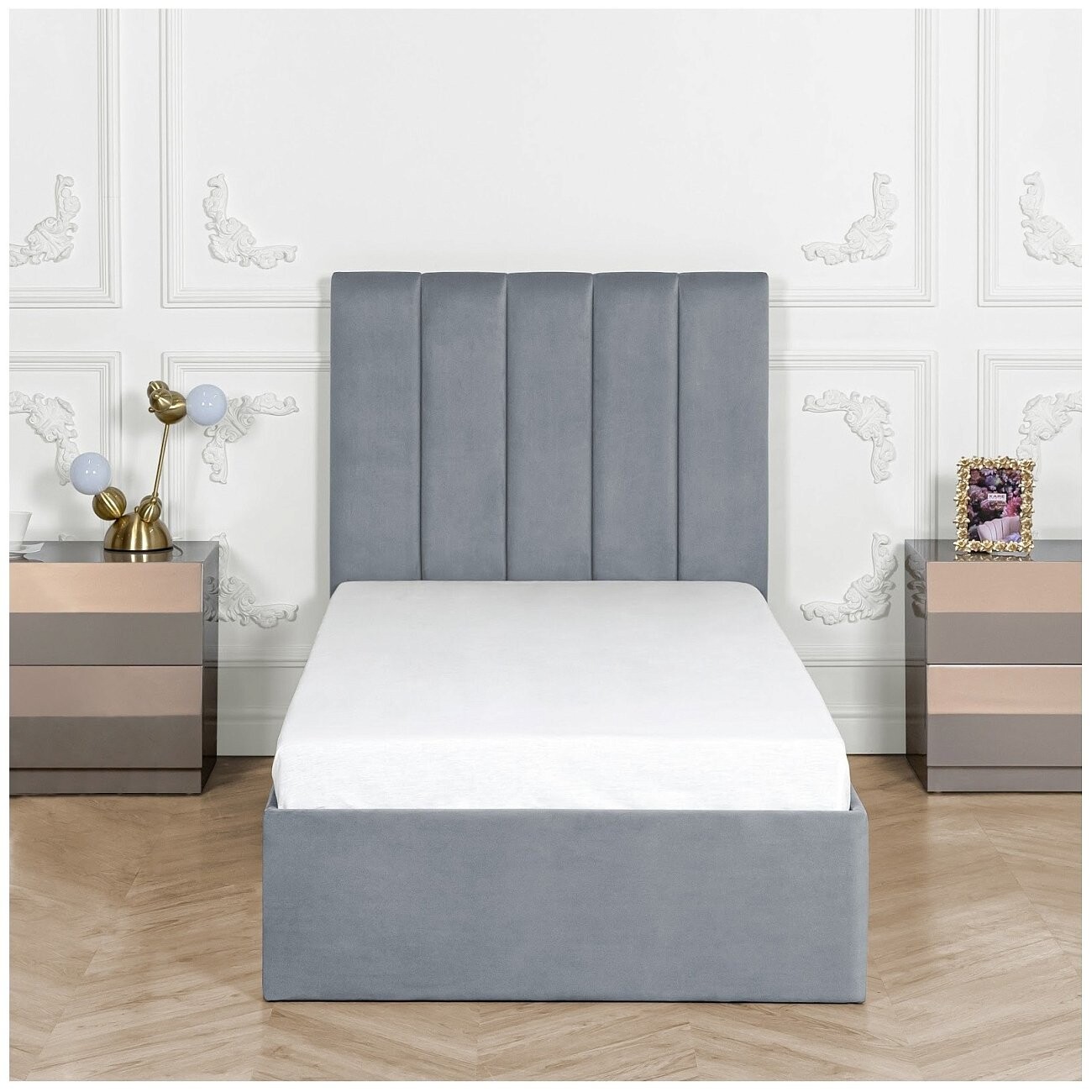 Кровать односпальная с подъемным механизмом и ящиком для белья 90х200 серо-голубая Вега - изображение 7