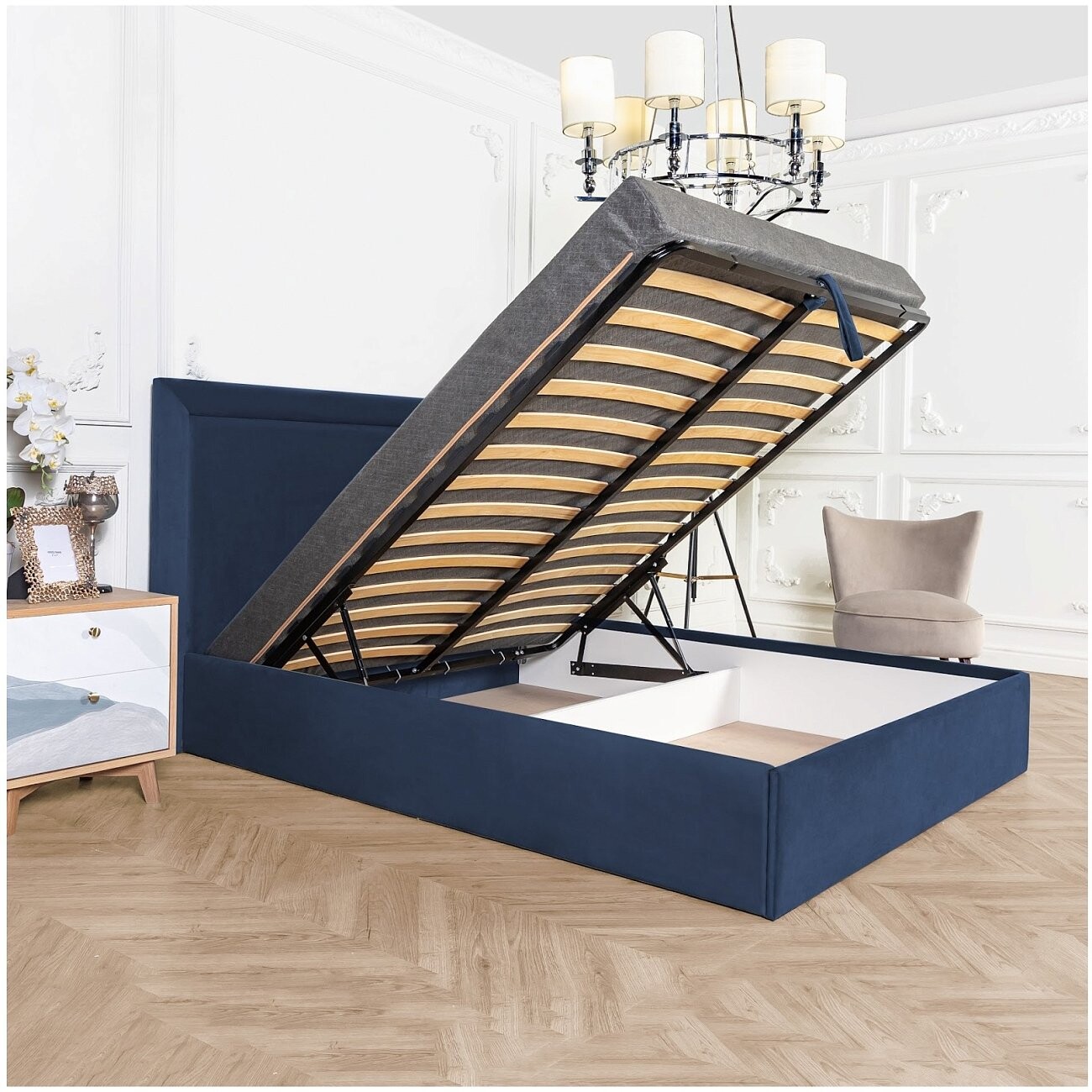 Кровать двуспальная с подъемным механизмом и ящиком для белья 160х200 темно-синяя Мелисса - изображение 3