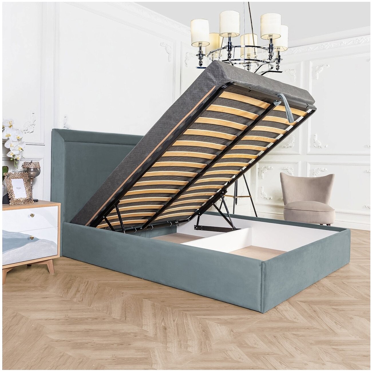 Кровать двуспальная с подъемным механизмом и ящиком для белья 180х200 дымчато-голубая Мелисса - изображение 3