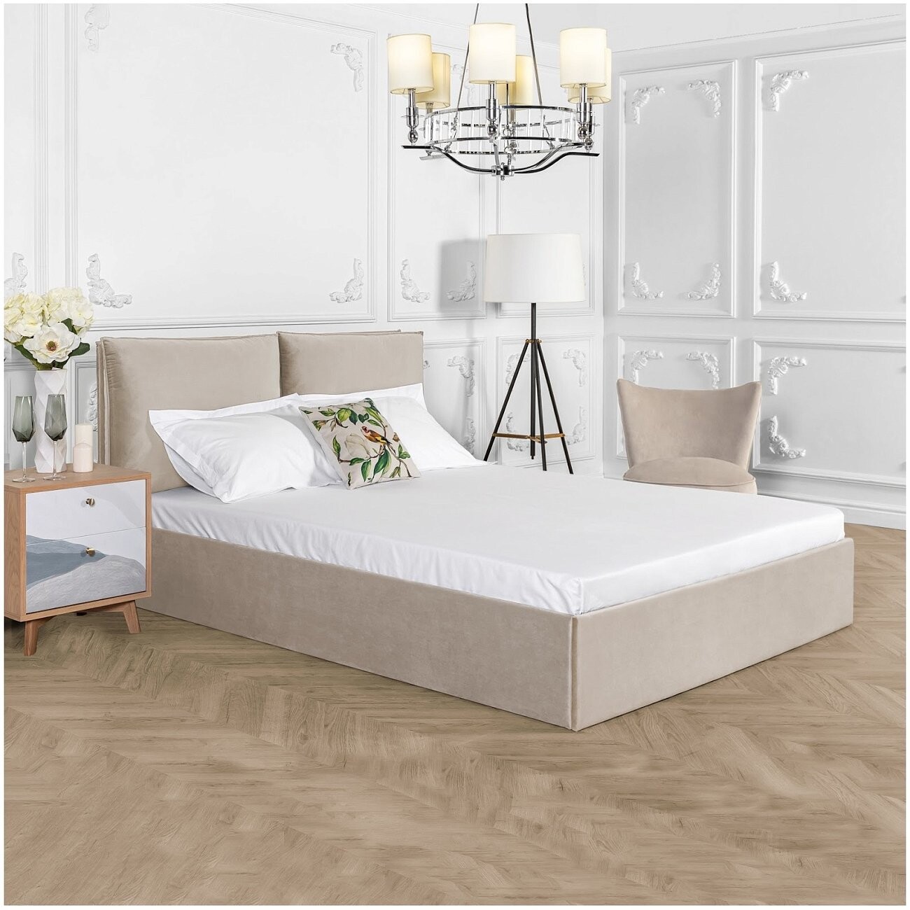 Кровать двуспальная с подъемным механизмом и ящиком для белья 180х200 кремовая Эстетика - изображение 6