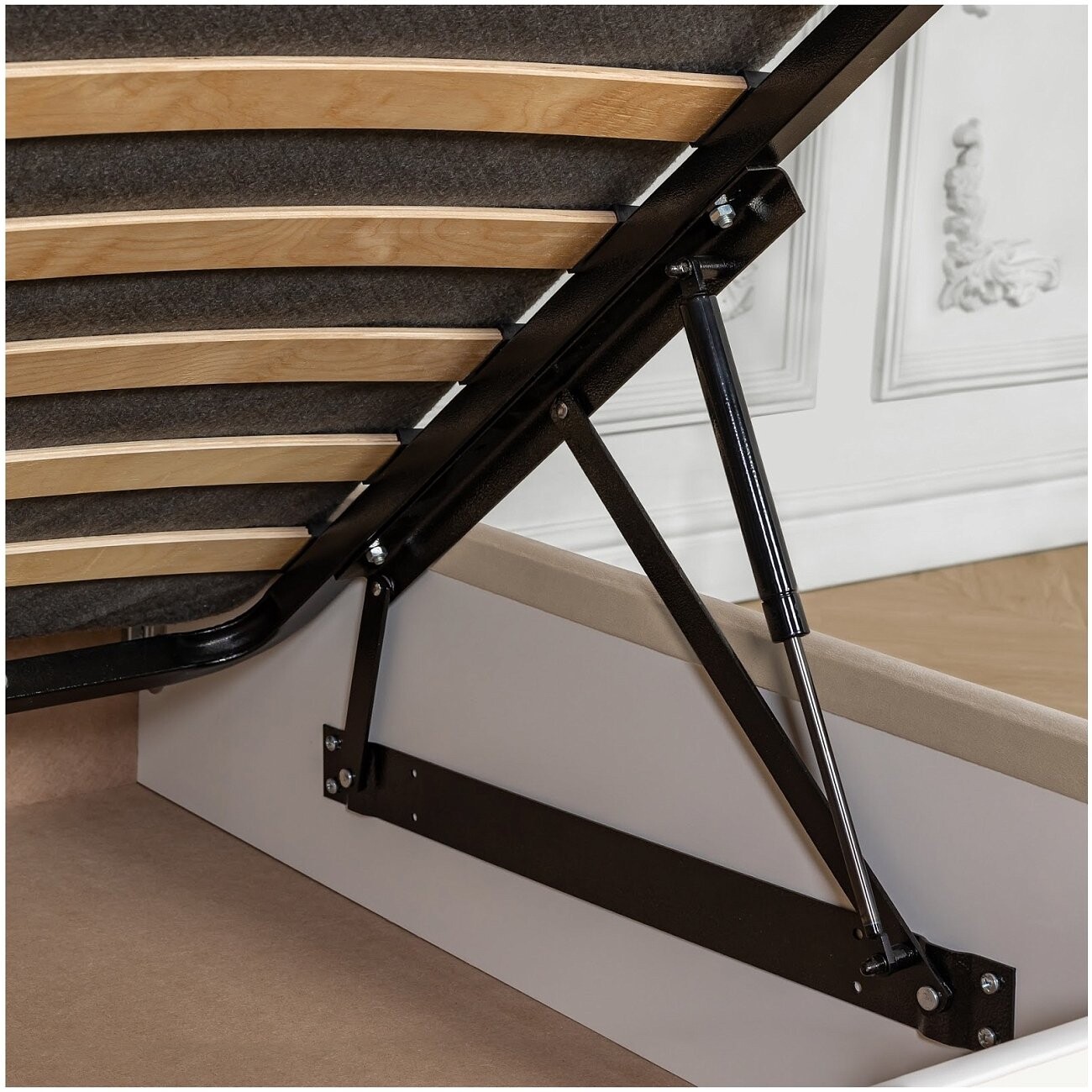 Кровать двуспальная с подъемным механизмом и ящиком для белья 180х200 кремовая Эстетика - изображение 8