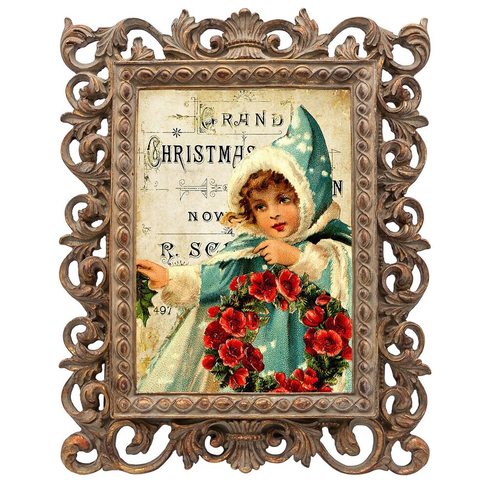 Репродукция старинной рождественской гравюры "Девочка с венком"