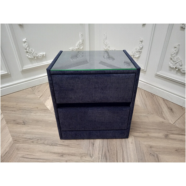 Прикроватная тумбочка со стеклом и двумя ящиками серо-синяя Encanto Velvet Lux - изображение 1