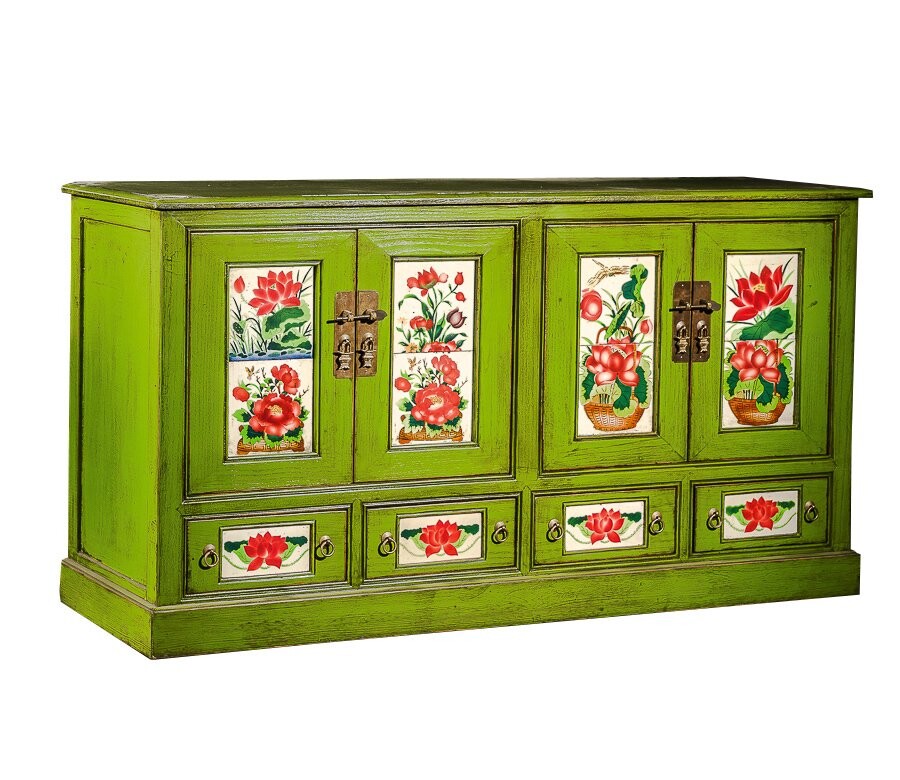 Комод с рисунком с 4 ящиками и 4 дверцами зеленый 138 см "Золотой век"
