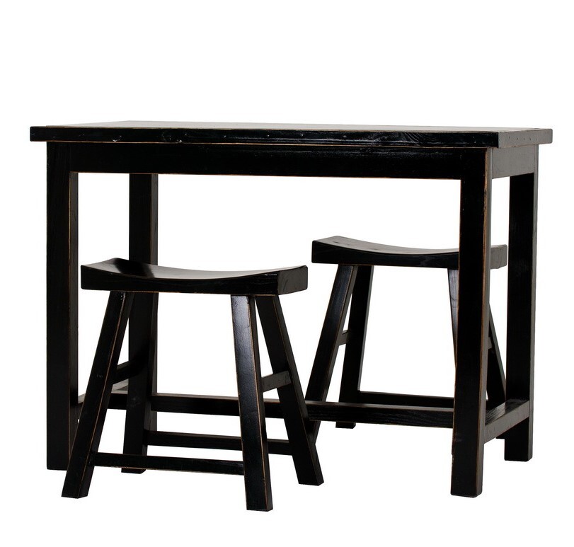 Обеденный стол черный прямоугольный с 2 табуретами 110 см