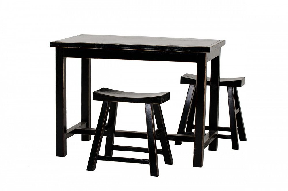 Обеденный стол черный прямоугольный с 2 табуретами 110 см