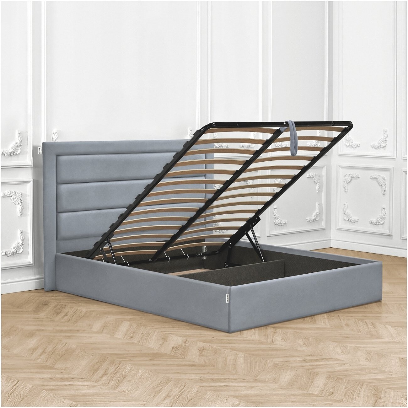 Кровать двуспальная с подъемным механизмом и ящиком для белья 160х200 серо-голубая Luna - изображение 3