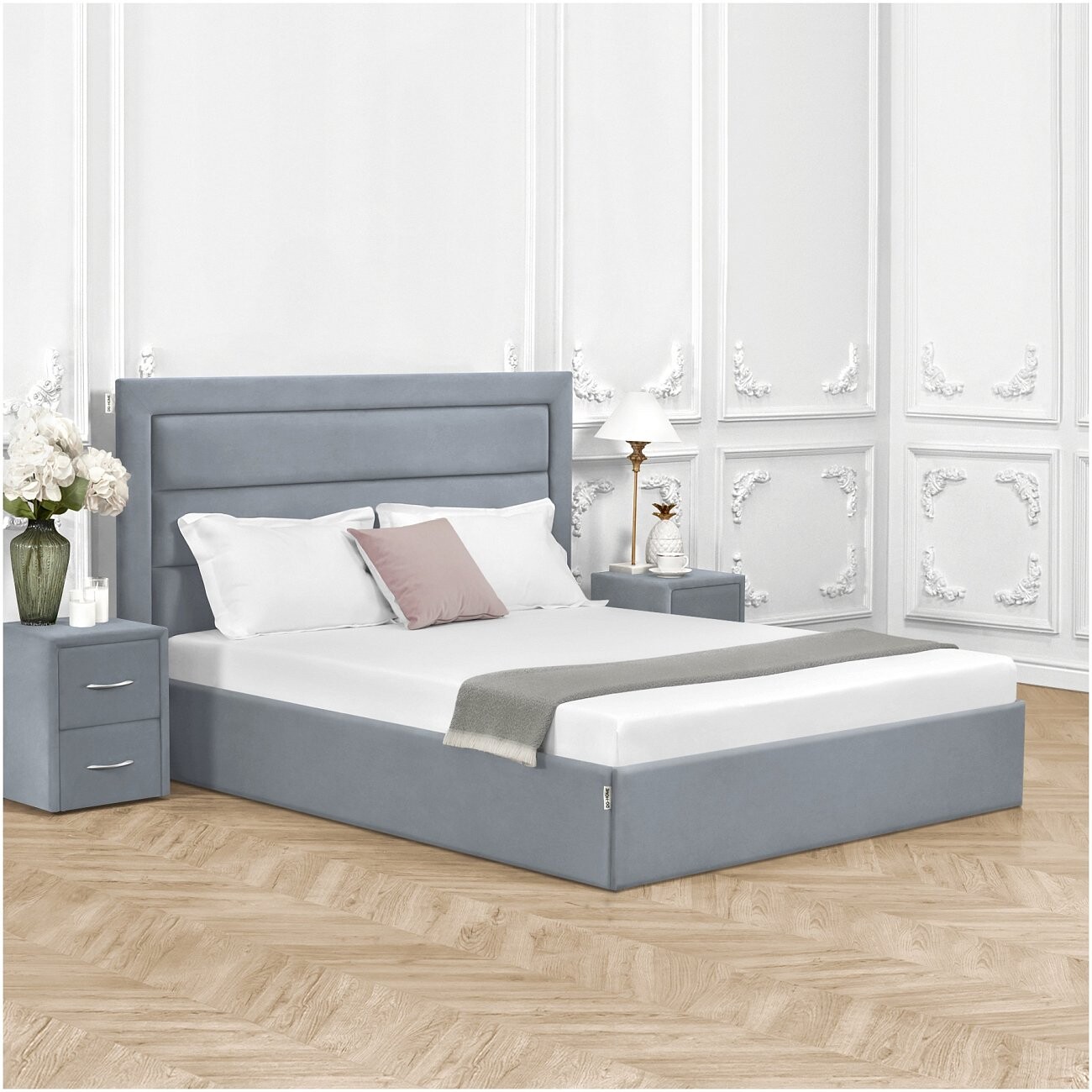 Кровать двуспальная с подъемным механизмом и ящиком для белья 160х200 серо-голубая Luna - изображение 6