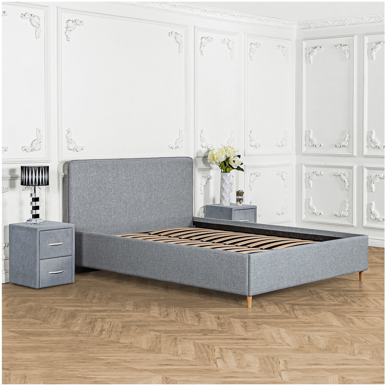 Кровать двуспальная с ортопедическим основанием и высокими ножками 160х200 серо-голубая Costa - изображение 7