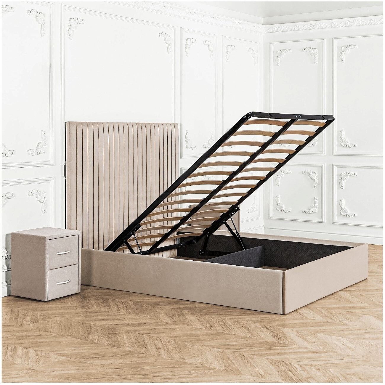 Кровать двуспальная с подъемным механизмом и ящиком для белья 160х200 кремовая Amore - изображение 3