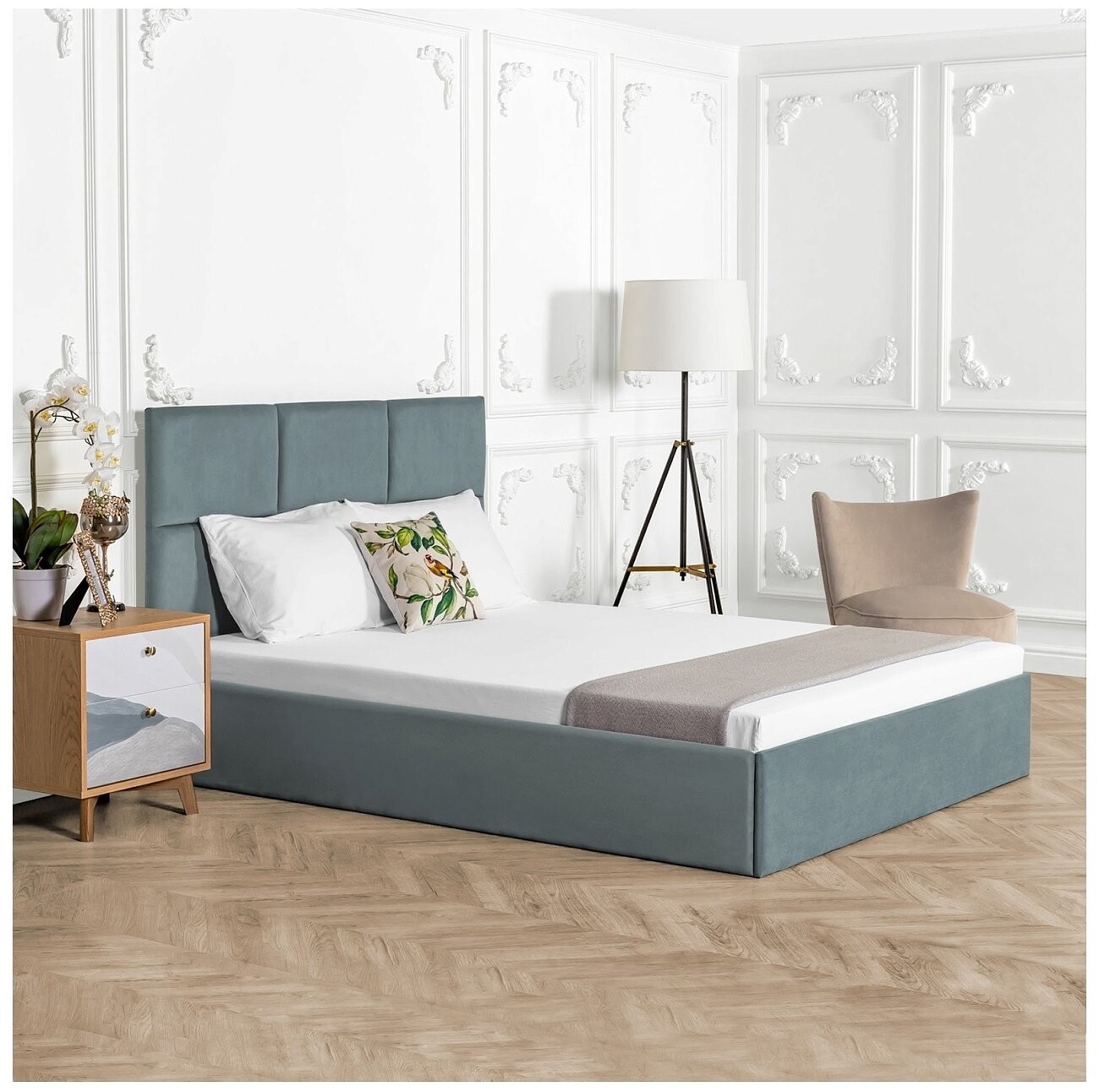 Кровать евро с подъемным механизмом и ящиком для белья 200х200 дымчато-голубая Токио - изображение 6