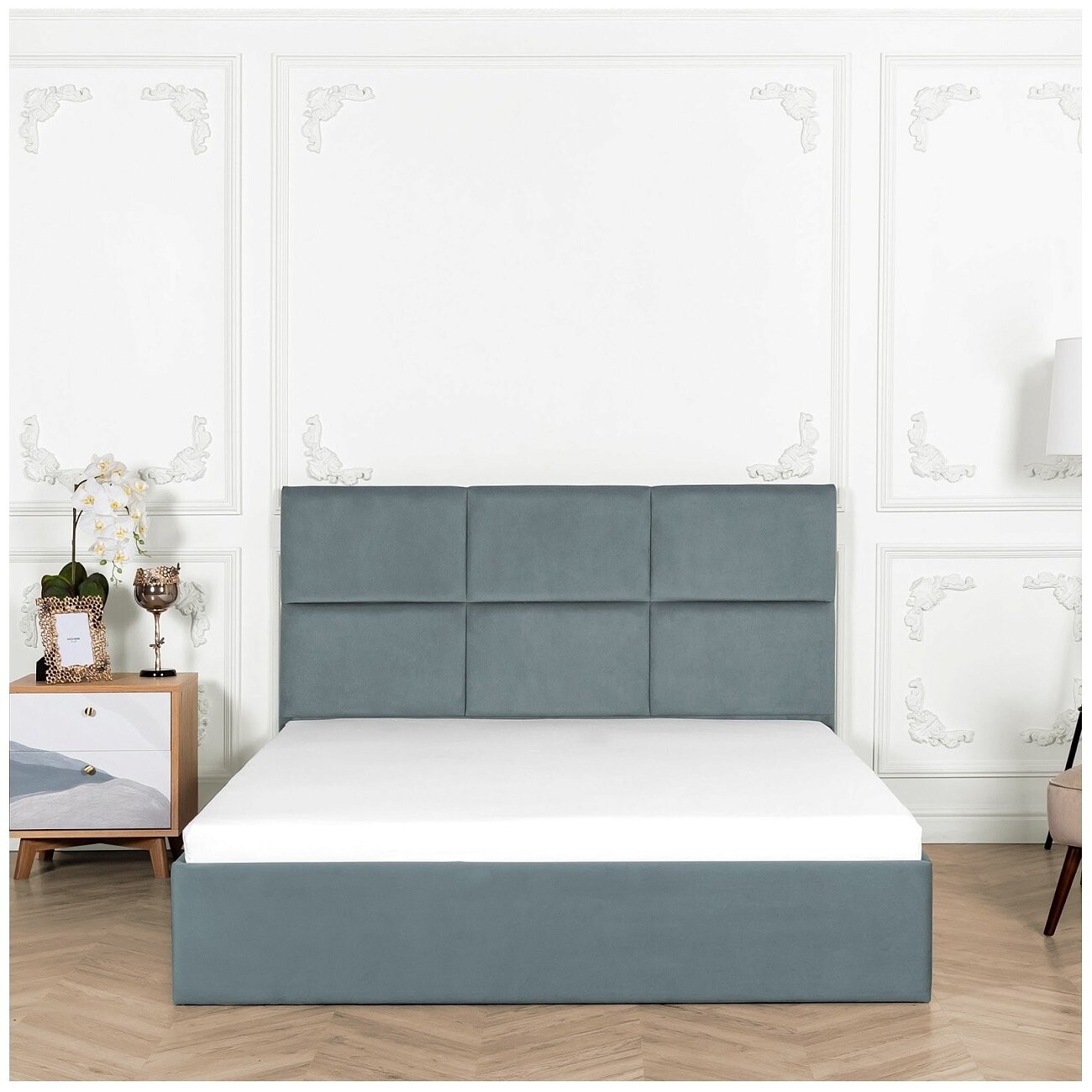 Кровать евро с подъемным механизмом и ящиком для белья 200х200 дымчато-голубая Токио - изображение 7