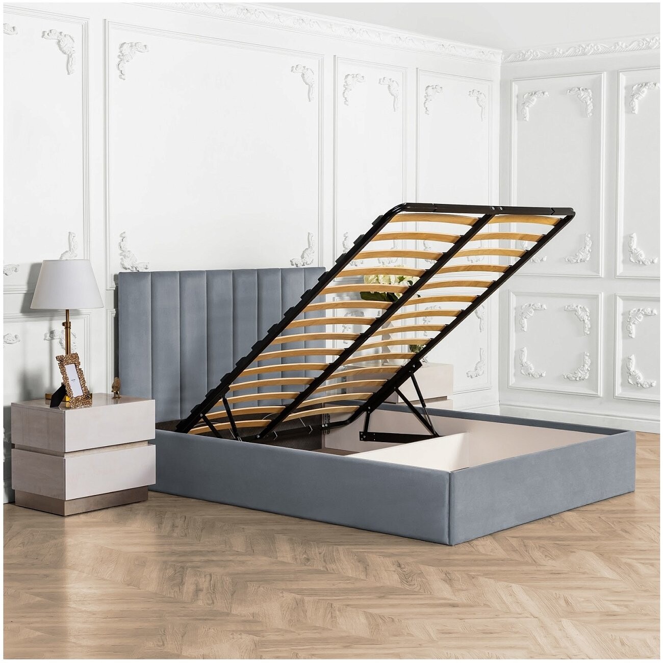 Кровать евро с подъемным механизмом и ящиком для белья 200х200 серо-голубая Вега - изображение 3