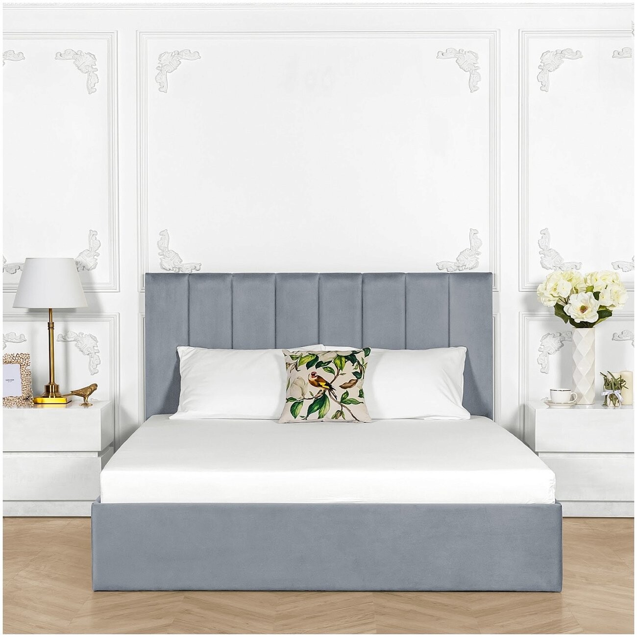 Кровать евро с подъемным механизмом и ящиком для белья 200х200 серо-голубая Вега - изображение 5