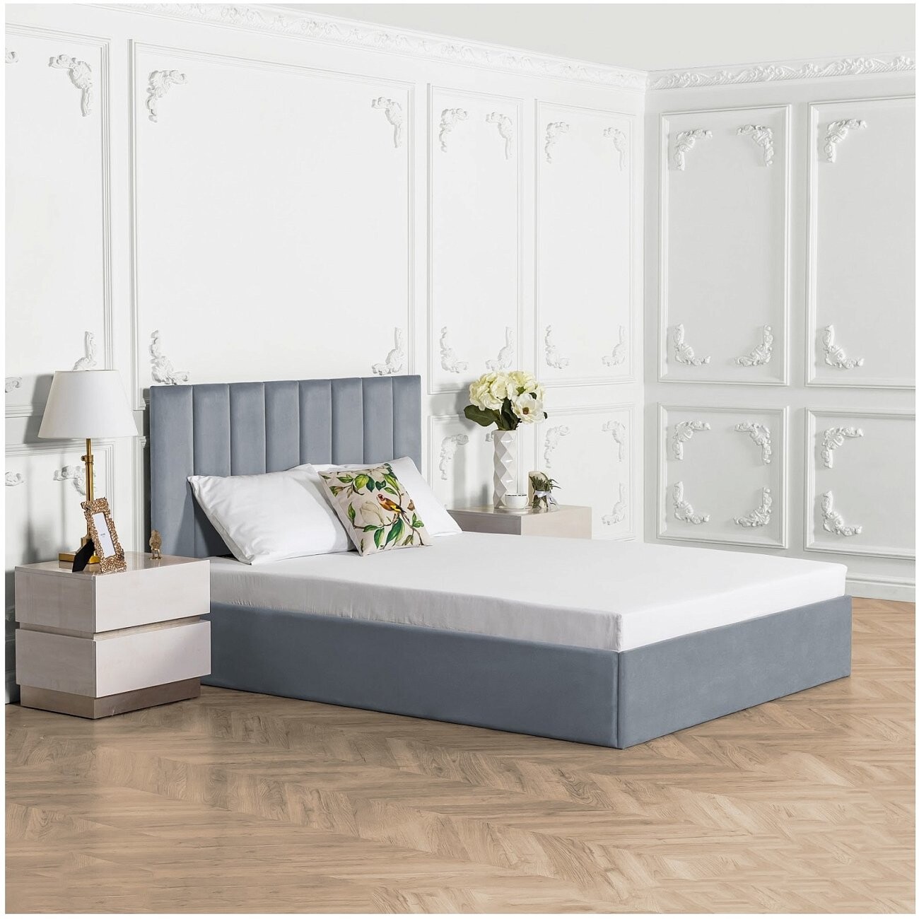Кровать евро с подъемным механизмом и ящиком для белья 200х200 серо-голубая Вега - изображение 6