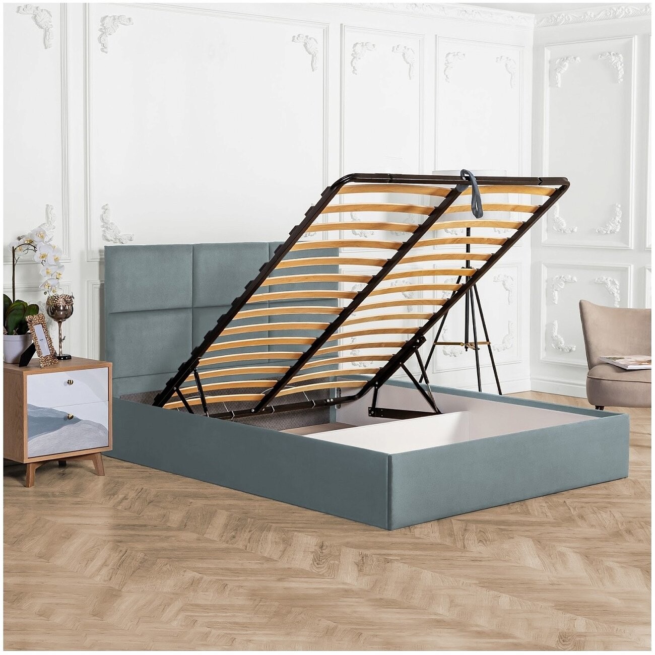 Кровать полутораспальная с подъемным механизмом и ящиком для белья 120х200 дымчато-голубая Токио - изображение 3