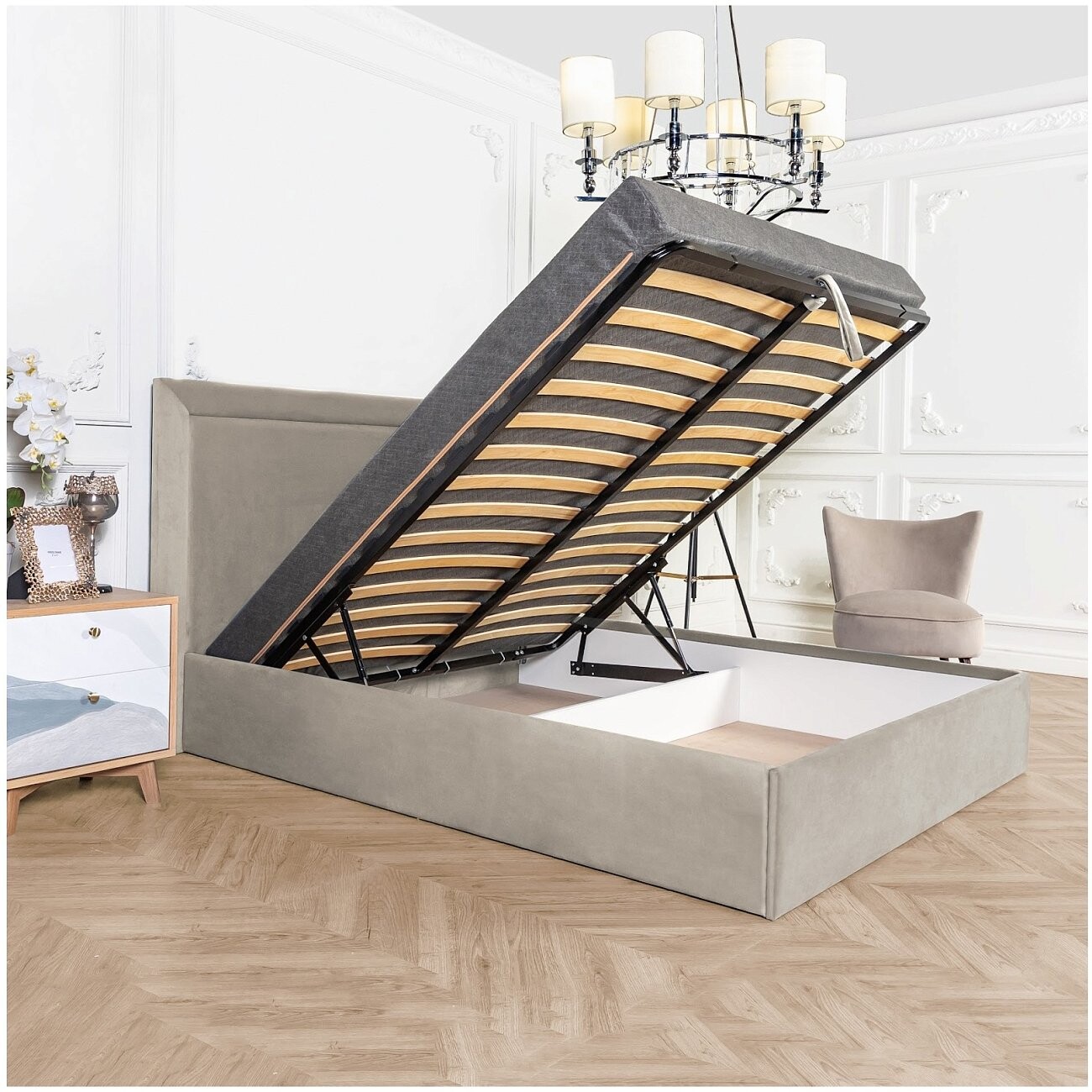 Кровать полутораспальная с подъемным механизмом и ящиком для белья 140х200 бежевая Мелисса - изображение 3