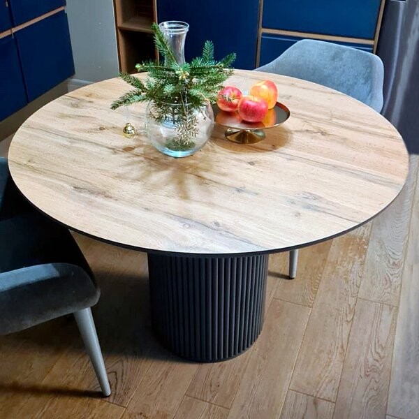 Стол-трансформер обеденный круглый 100(130) см HPL бежево-серый Оливер - изображение 1