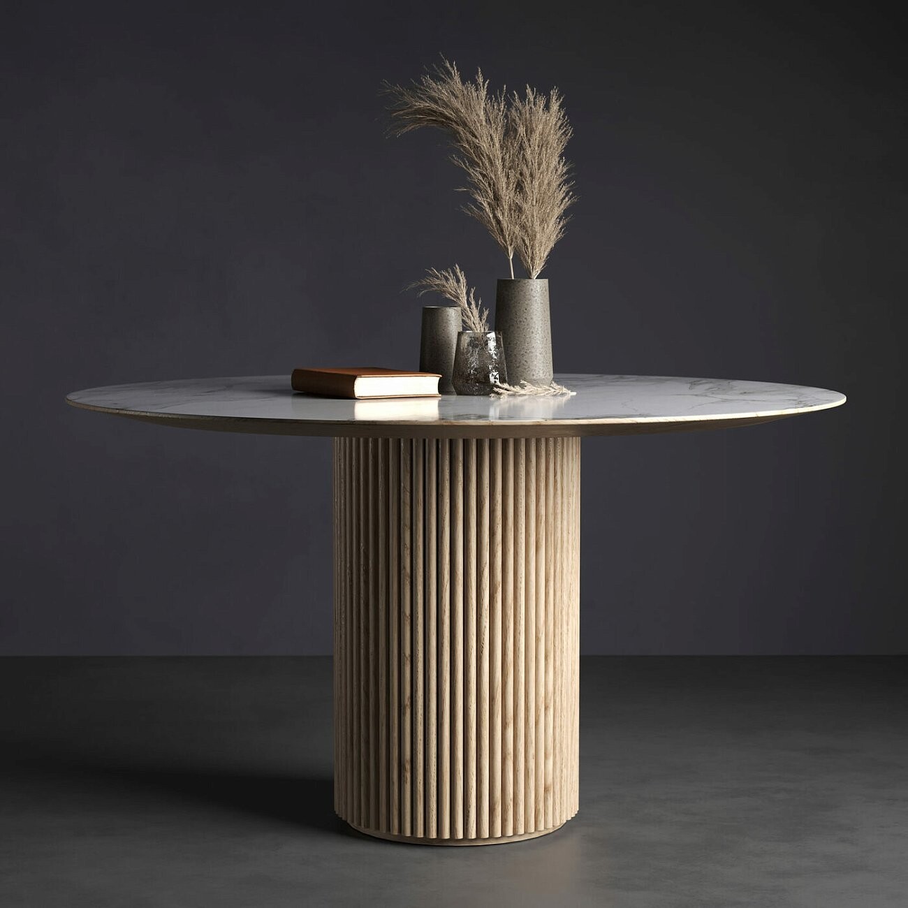 Стол-трансформер обеденный круглый 130(160) см шпон белый мрамор, бежевый Оливер - изображение 2