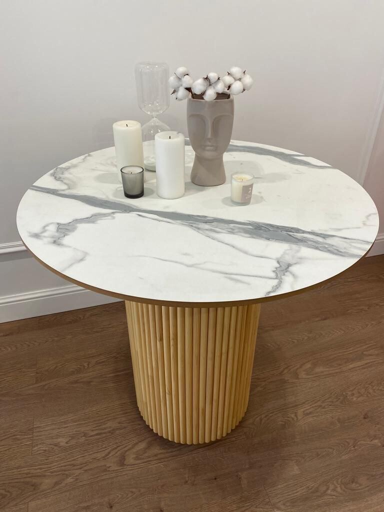 Стол-трансформер обеденный круглый 130(160) см шпон белый мрамор, бежевый Оливер - изображение 3