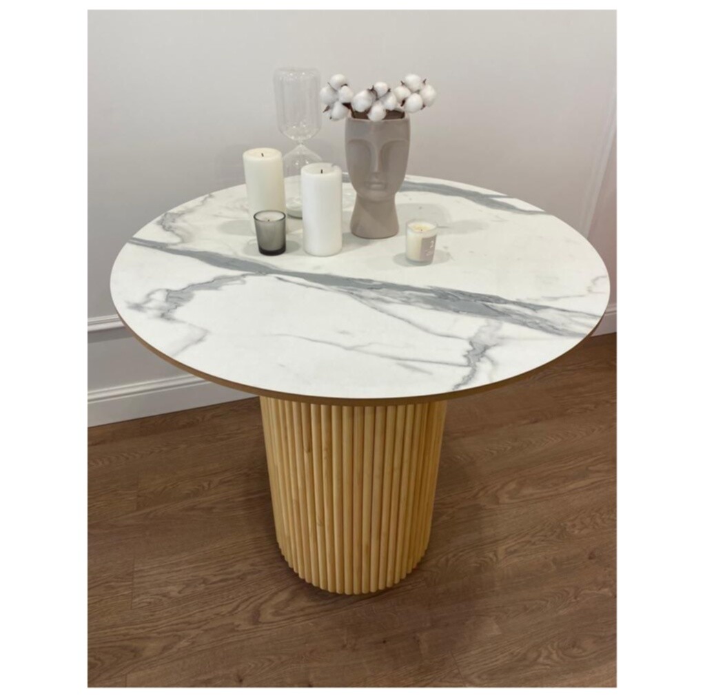 Стол-трансформер обеденный круглый 130(160) см HPL белый мрамор, бежевый Оливер - изображение 3