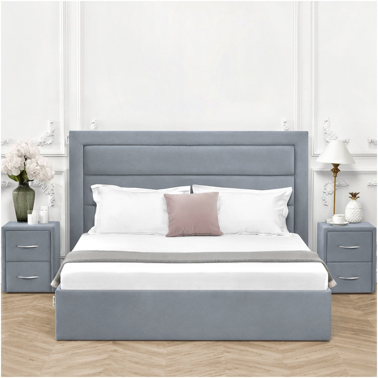 Кровать евро с подъемным механизмом и ящиком для белья 200х200 серо-голубая Luna - изображение 5