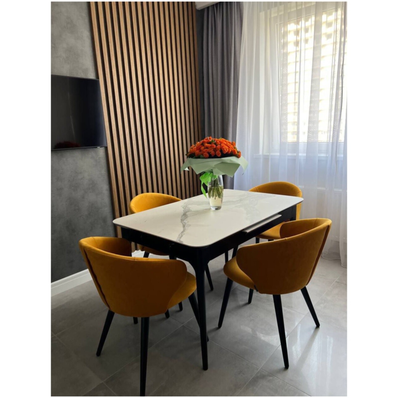 Стол-трансформер обеденный прямоугольный 160-200х80 см  HPL белый мрамор, черный Климт - изображение 2