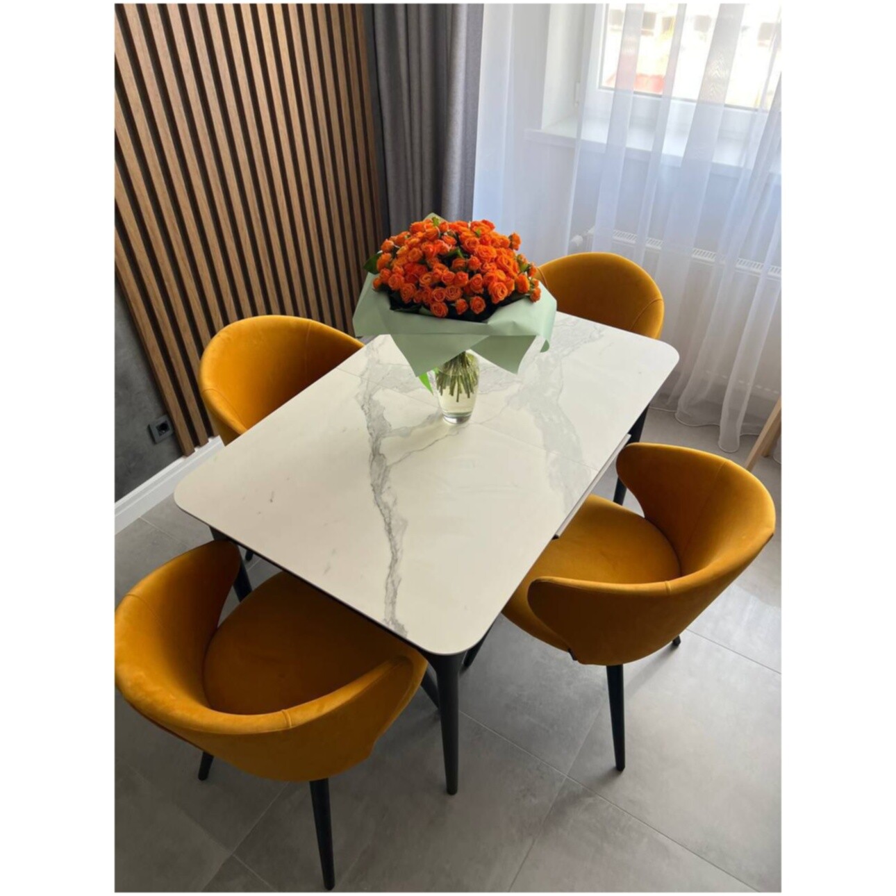 Стол-трансформер обеденный прямоугольный 180-220х90 см  HPL белый мрамор, черный Климт - изображение 3