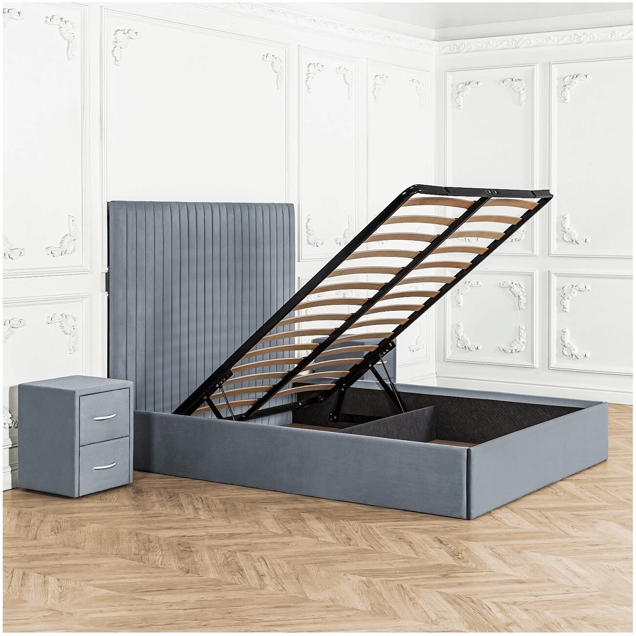 Кровать двуспальная с подъемным механизмом и ящиком для белья 160х200 серо-голубая Amore - изображение 3