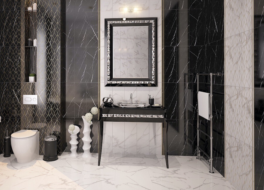 Дизайн ванны с черно белым кафелем