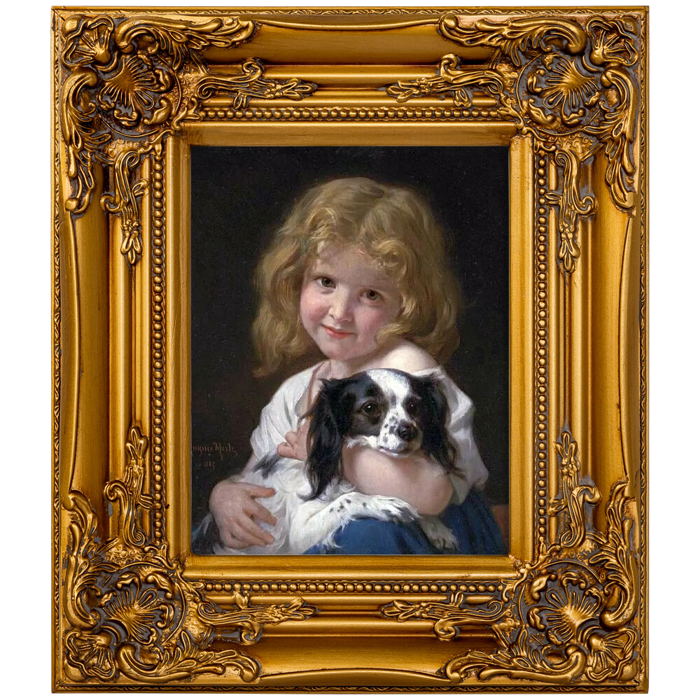 Репродукция картины с золотой раме «Девочка с собачкой»