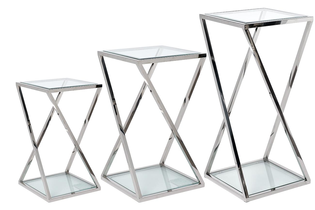 Приставной столик стеклянный квадратный с металлической опорой, хром, 3 штуки