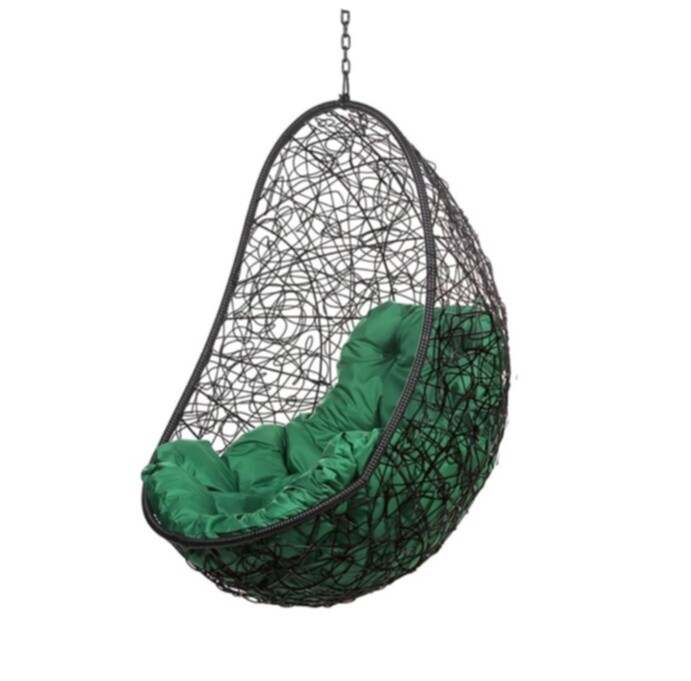 Кресло-кокон подвесное плетеное с зеленой подушкой черное Easy BS