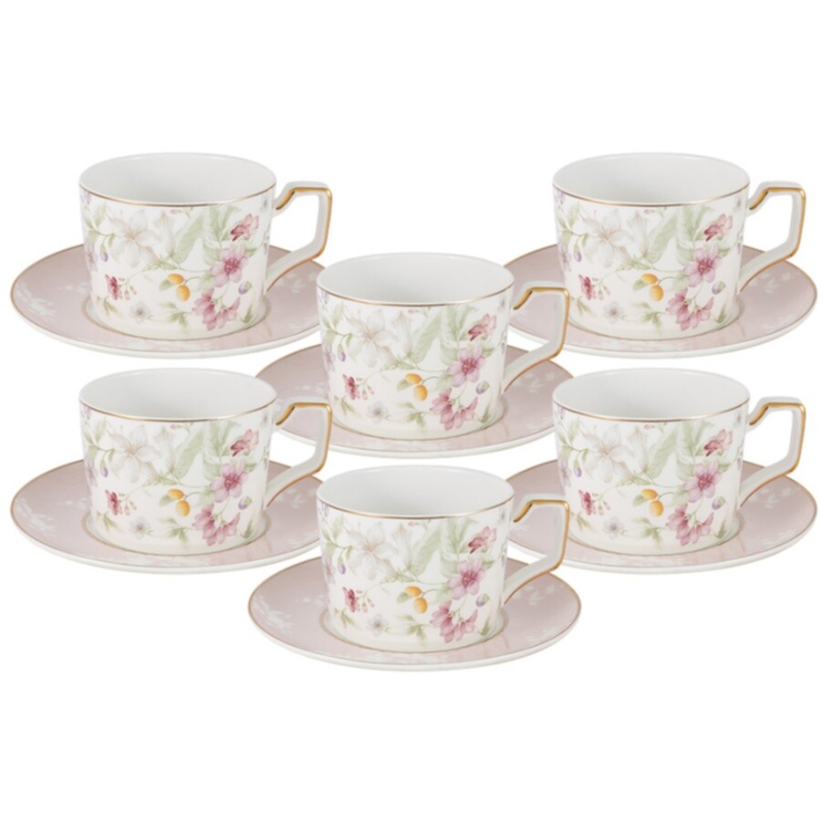Чайный сервиз фарфоровый розово-белый на 6 персон, 12 предметов &quot;Цветы&quot;