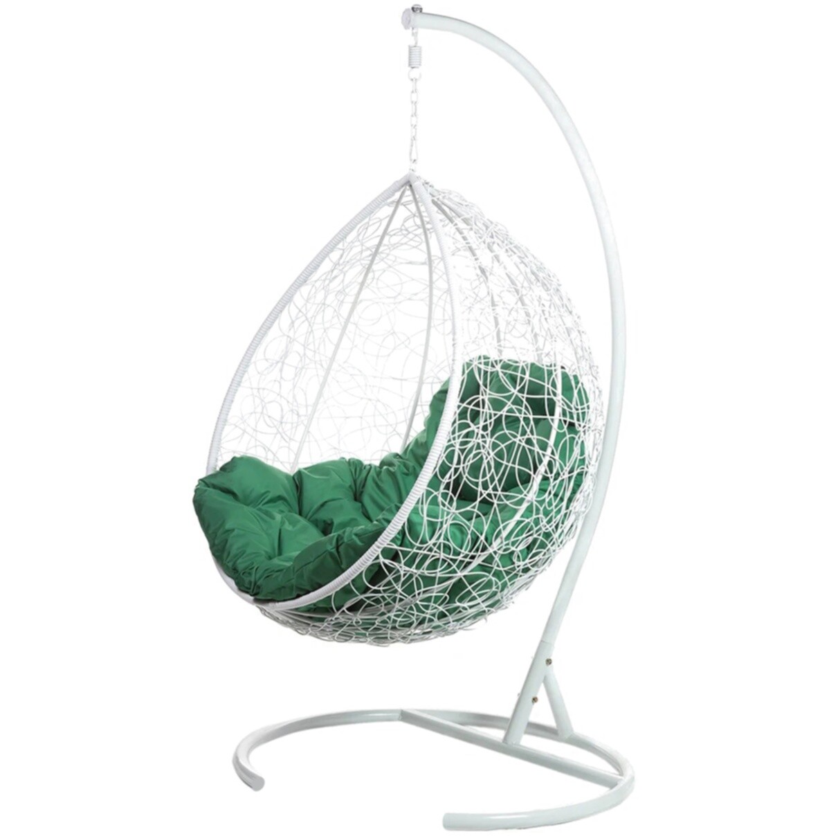 Кресло-кокон подвесное плетеное с зеленой подушкой на металлической стойке бело-зеленое Tropica G