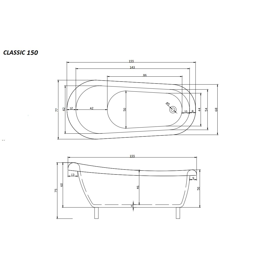 Ванна на львиных алюминиевых лапах белая Cerutti SPA Classic 150 CT9323 - изображение 6