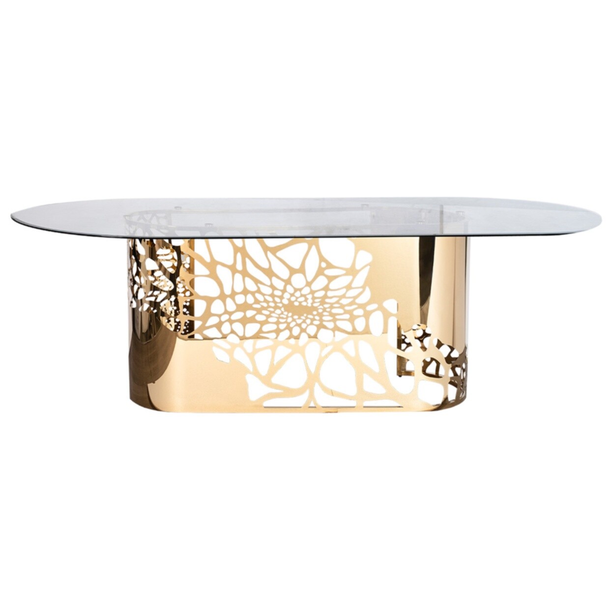 Обеденный стол овальный стеклянный на металлическом золотом основании 110х240 см