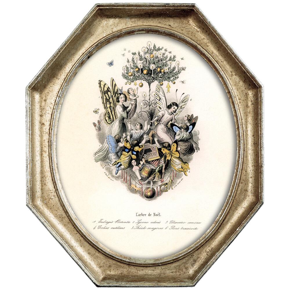 Картина на холсте бежевая «Прекрасные бабочки под рождественской елкой» в раме «Эдита»