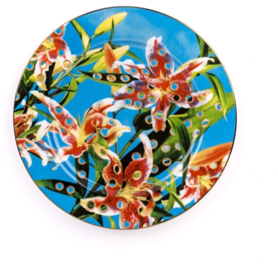 Тарелка круглая фарфоровая 27х27 см зелено-голубая с рисунком Flower with Holes Gold Border