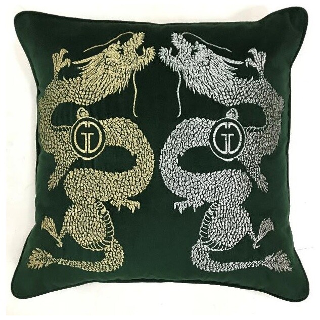 Подушка декоративная с вышивкой 45х45 см зеленая &quot;Пара драконов&quot;