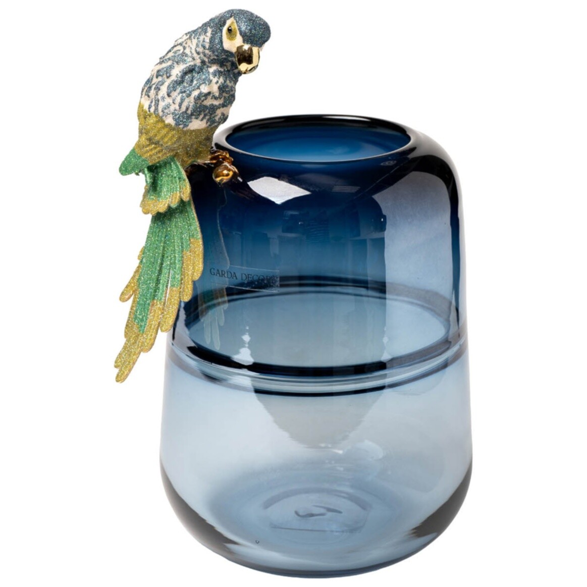 Ваза стеклянная с попугаем 30х19 см голубая