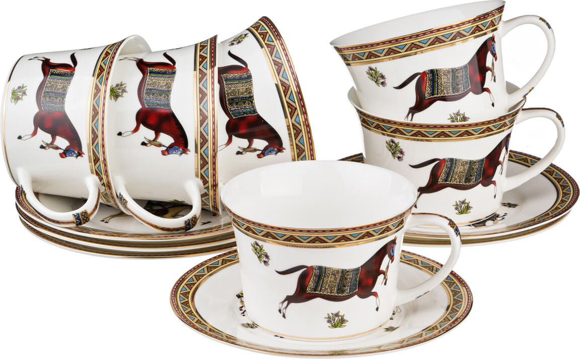 Чашки чайные фарфоровые с блюдцами на 6 персон белые &quot;Лошадь&quot;