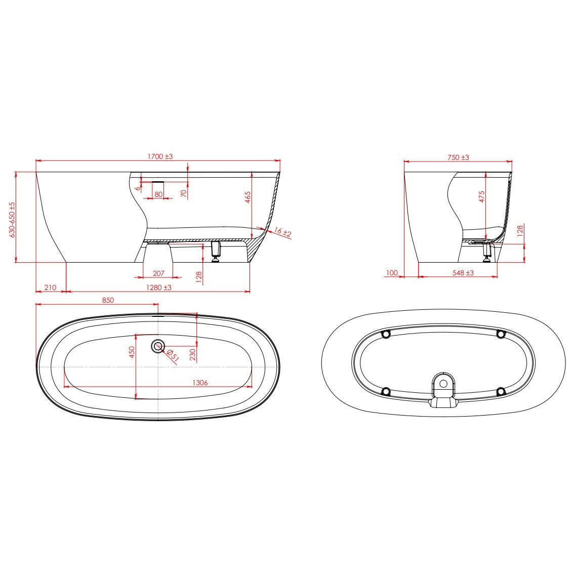 Ванна из литьевого мрамора овальная 170х75 см белая Creto Arino CRARVN2902 - изображение 7