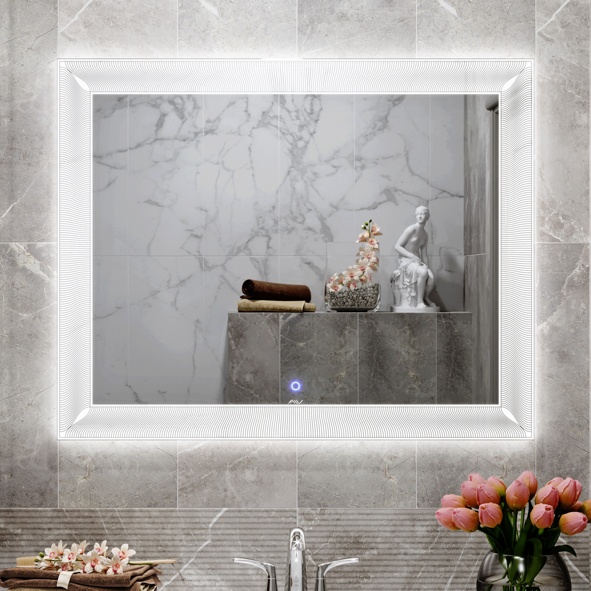 Зеркало настенное в ванную с подсветкой прямоугольное белое 70х80 см Classic